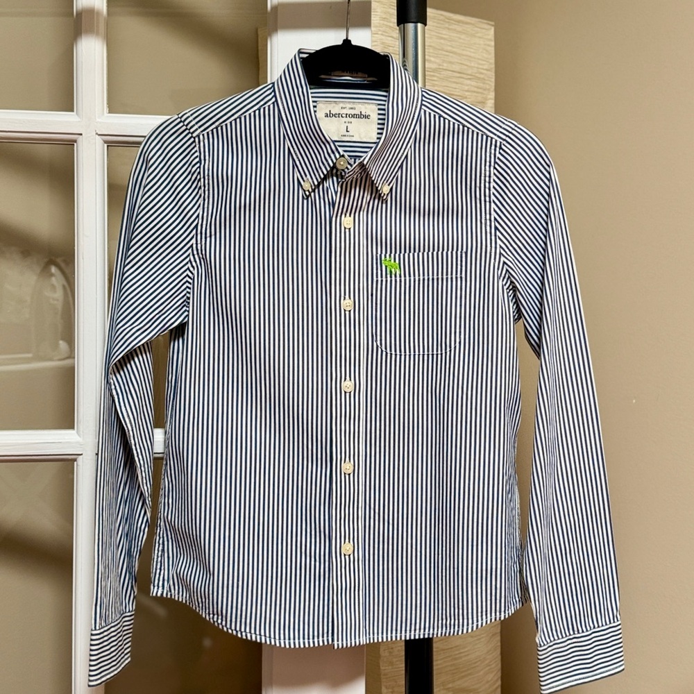 Abercrombie Kids Blue and White Striped Button-Down Muscle Shirt
